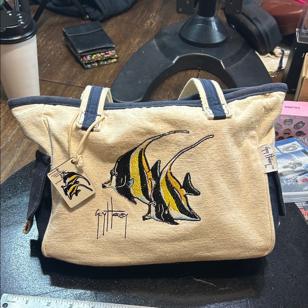 Guy Harvey Tan and Black Duffel Bag with Fish Design